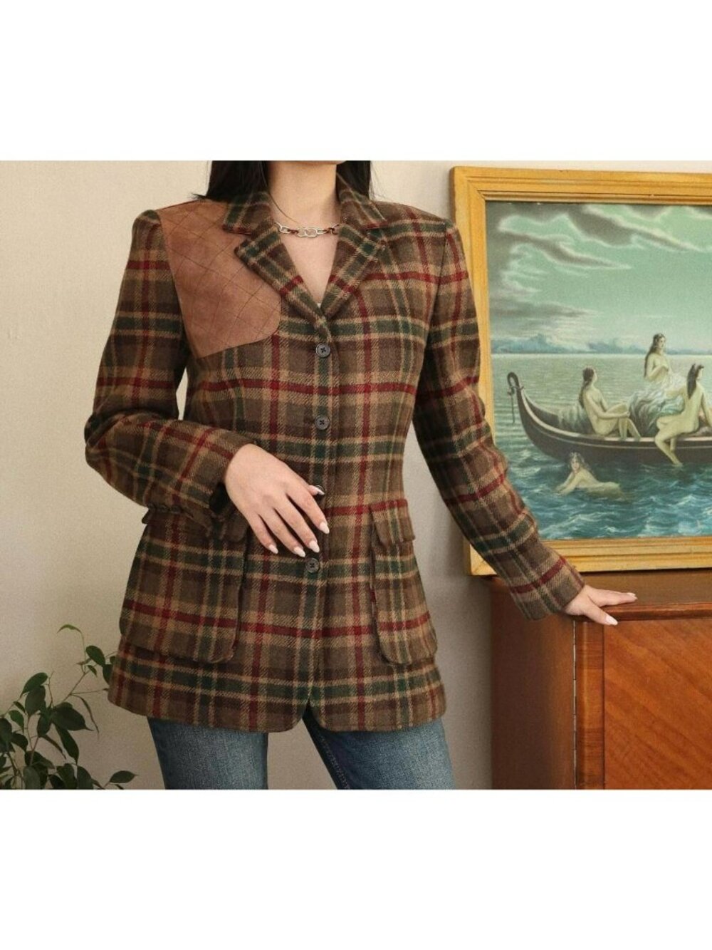Vintage Ralph Lauren Plaid Wool Riding Blazer Jacket W/ Suede Accent Size 12 Bro